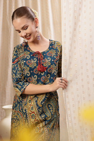 Model action shot of the Floral Zip Cotton Kurta Set, demonstrating ease of movement and fit.