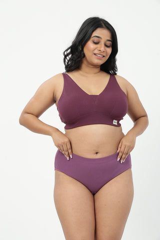 Sera Fine-Rib Bra & Cotton Bonded High Rise Hipster - (Dark Berry & Onion)