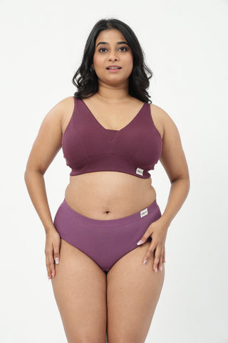 Sera Fine-Rib Bra & Cotton Bonded High Rise Hipster - (Dark Berry & Onion)