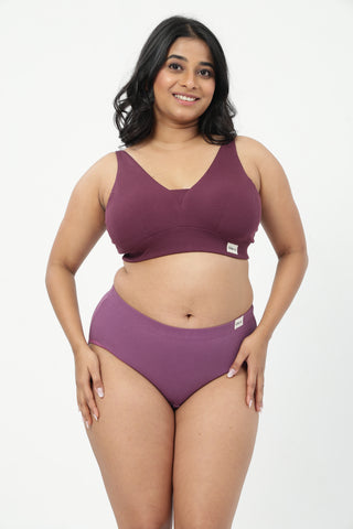 Sera Fine-Rib Bra & Cotton Bonded High Rise Hipster - (Dark Berry & Onion)