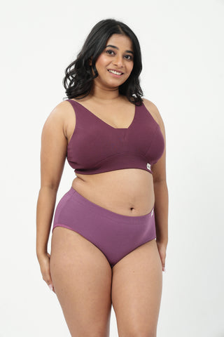 Sera Fine-Rib Bra & Cotton Bonded High Rise Hipster - (Dark Berry & Onion)