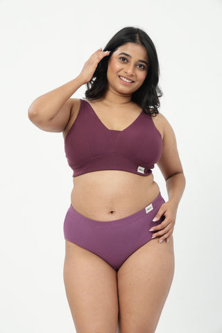 Sera Fine-Rib Bra & Cotton Bonded High Rise Hipster - (Dark Berry & Onion)