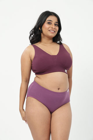 Sera Fine-Rib Bra & Cotton Bonded High Rise Hipster - (Dark Berry & Onion)