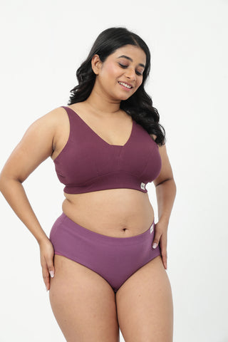 Sera Fine-Rib Bra & Cotton Bonded High Rise Hipster - (Dark Berry & Onion)