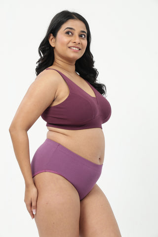 Sera Fine-Rib Bra & Cotton Bonded High Rise Hipster - (Dark Berry & Onion)