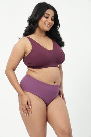 Sera Fine-Rib Bra & Cotton Bonded High Rise Hipster - (Dark Berry & Onion)