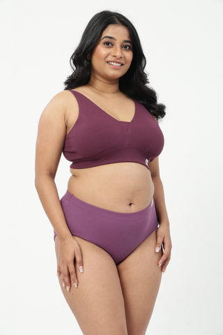 Sera Fine-Rib Bra & Cotton Bonded High Rise Hipster - (Dark Berry & Onion)
