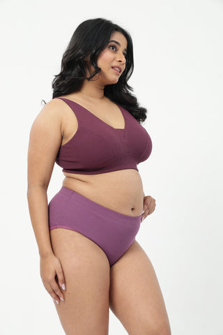 Sera Fine-Rib Bra & Cotton Bonded High Rise Hipster - (Dark Berry & Onion)