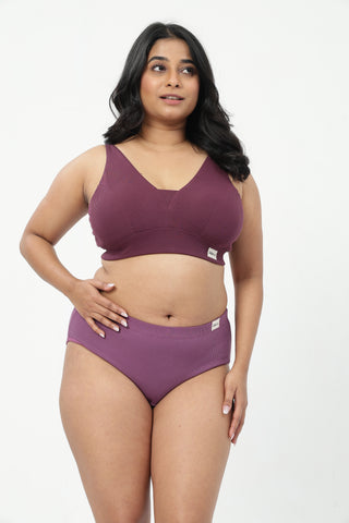 Sera Fine-Rib Bra & Cotton Bonded High Rise Hipster - (Dark Berry & Onion)