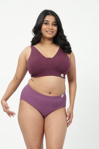 Sera Fine-Rib Bra & Cotton Bonded High Rise Hipster - (Dark Berry & Onion)