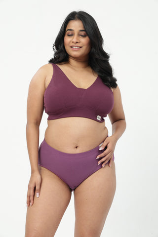 Sera Fine-Rib Bra & Cotton Bonded High Rise Hipster - (Dark Berry & Onion)