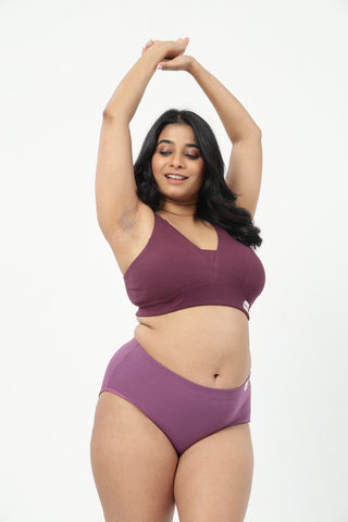Sera Fine-Rib Bra & Cotton Bonded High Rise Hipster - (Dark Berry & Onion)