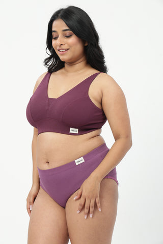 Sera Fine-Rib Bra & Cotton Bonded High Rise Hipster - (Dark Berry & Onion)