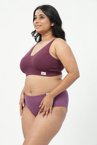 Sera Fine-Rib Bra & Cotton Bonded High Rise Hipster - (Dark Berry & Onion)