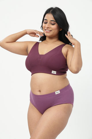 Sera Fine-Rib Bra & Cotton Bonded High Rise Hipster - (Dark Berry & Onion)