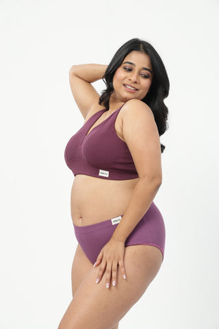 Sera Fine-Rib Bra & Cotton Bonded High Rise Hipster - (Dark Berry & Onion)