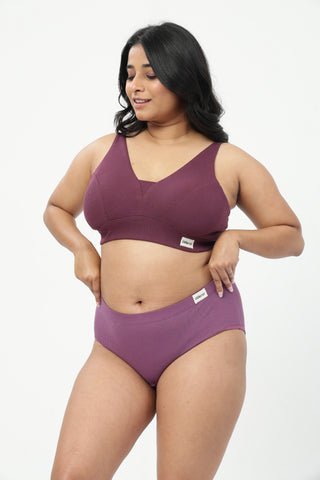 Sera Fine-Rib Bra & Cotton Bonded High Rise Hipster - (Dark Berry & Onion)