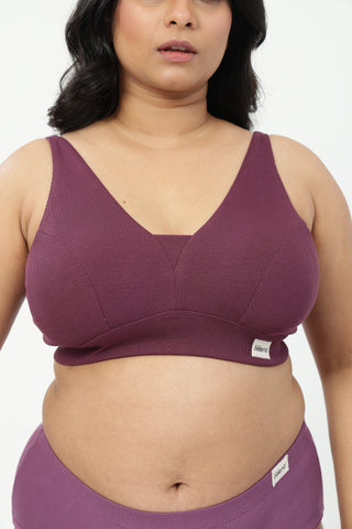 Sera Fine-Rib Bra & Cotton Bonded High Rise Hipster - (Dark Berry & Onion)