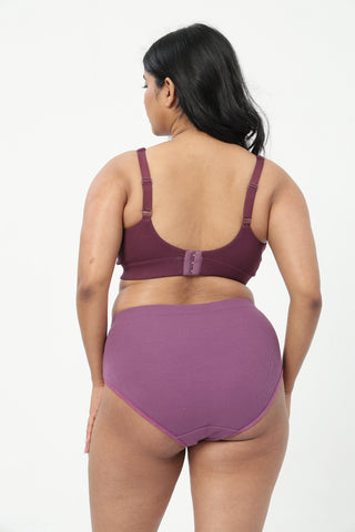 Sera Fine-Rib Bra & Cotton Bonded High Rise Hipster - (Dark Berry & Onion)