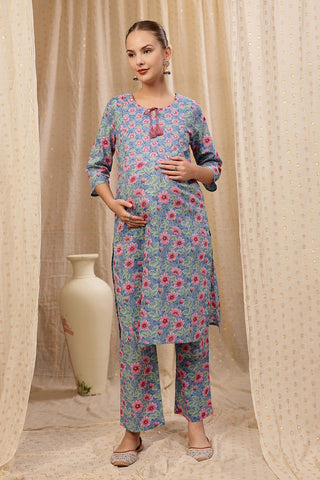 Side profile of the Floral Zip Cotton Kurta Set, showing the smooth drape of the Cotton fabric.