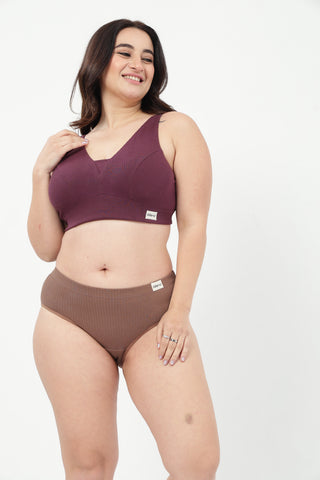 Sera Fine-Rib Bra & Broad Rib Hipster - (Dark Berry & Mocha)