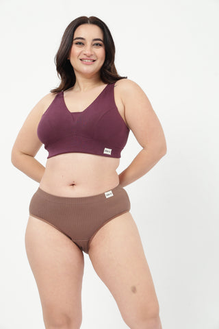 Sera Fine-Rib Bra & Broad Rib Hipster - (Dark Berry & Mocha)