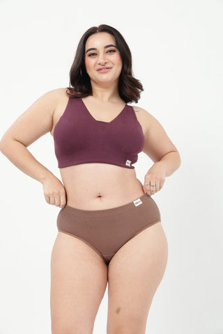 Sera Fine-Rib Bra & Broad Rib Hipster - (Dark Berry & Mocha)