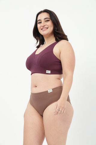 Sera Fine-Rib Bra & Broad Rib Hipster - (Dark Berry & Mocha)