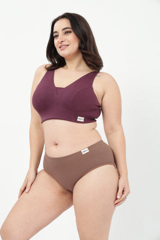 Sera Fine-Rib Bra & Broad Rib Hipster - (Dark Berry & Mocha)