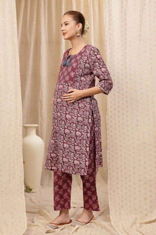 Side profile of the Floral Ed Zip Kurta Set, showing the smooth drape of the Cotton fabric.