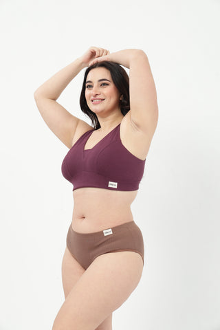 Sera Fine-Rib Bra & Broad Rib Hipster - (Dark Berry & Mocha)