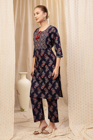 Model action shot of the Floral Zip Cotton Kurta Set, demonstrating ease of movement and fit.