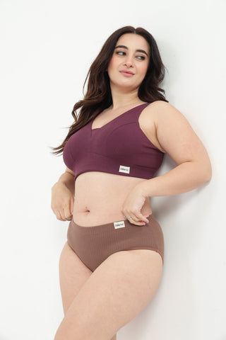 Sera Fine-Rib Bra & Broad Rib Hipster - (Dark Berry & Mocha)