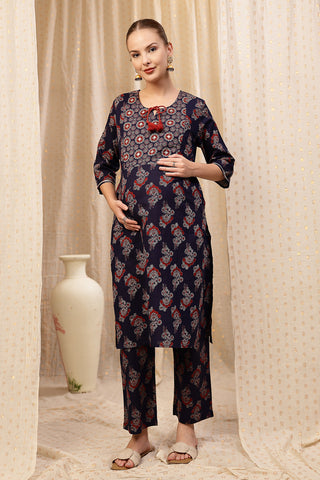 Side profile of the Floral Zip Cotton Kurta Set, showing the smooth drape of the Cotton fabric.