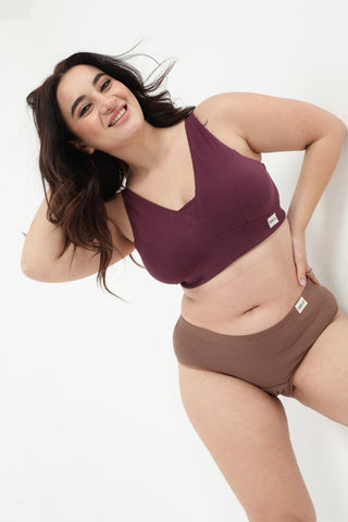Sera Fine-Rib Bra & Broad Rib Hipster - (Dark Berry & Mocha)