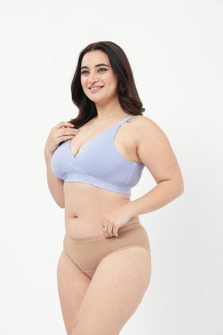 Zena Fine-Rib Bra & Cotton High-Rise Hipster - (Soft Blue & Light Skin)