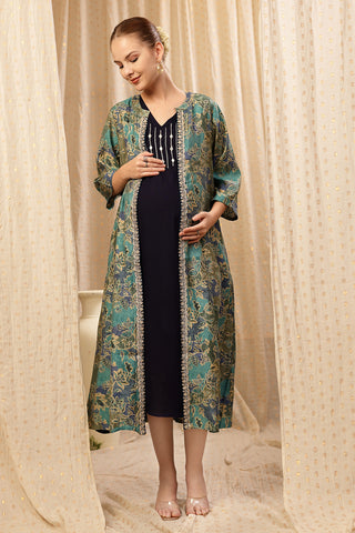 Stylish Deep Navy Maternity Wear - Laila – The Jewel-Tone Feeding Jacket Dress Set for New Moms