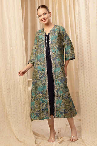 Laila – The Jewel-Tone Feeding Jacket Dress Set Front View - Deep Navy Soft Maternity Dress with Feeding Zips & Pockets