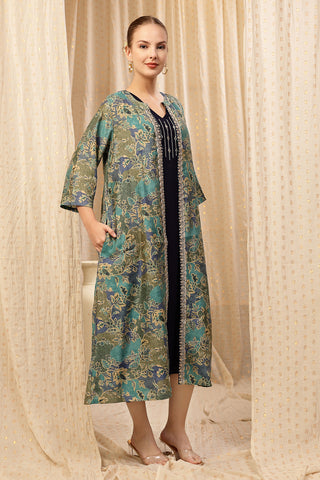 Woman wearing Laila – The Jewel-Tone Feeding Jacket Dress Set in Deep Navy - Pre & Post Pregnancy