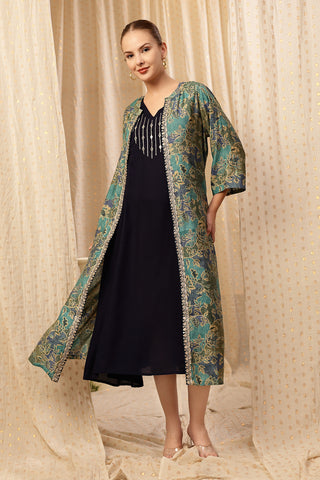 Elegant Deep Navy Look of Laila – The Jewel-Tone Feeding Jacket Dress Set - Perfect for Any Occasion