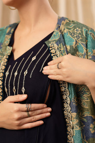Side Profile of Deep Navy Nursing Dress showing Feeding Zips & Pockets & Fit
