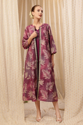 Laila – The Jewel-Tone Feeding Jacket Dress Set Front View - Purple Soft Maternity Dress with Feeding Zips & Pockets