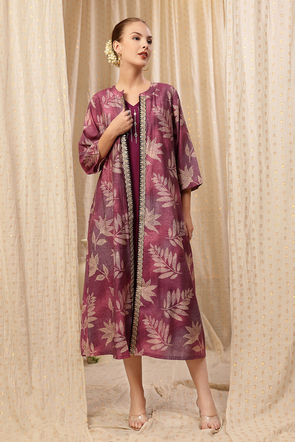 Laila – The Jewel-Tone Feeding Jacket Dress Set Front View - Purple Soft Maternity Dress with Feeding Zips & Pockets