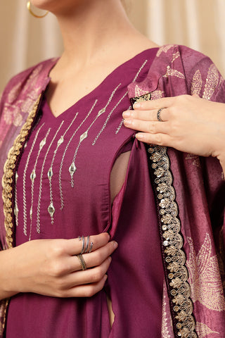 Side Profile of Purple Nursing Dress showing Feeding Zips & Pockets & Fit