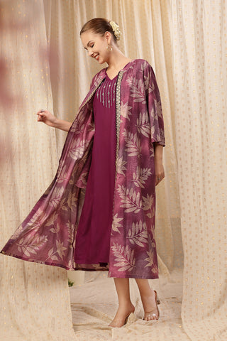 Woman wearing Laila – The Jewel-Tone Feeding Jacket Dress Set in Purple - Pre & Post Pregnancy