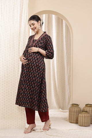 Side profile of the Embroidered Floral Cotton Kurta Set, showing the smooth drape of the Cotton fabric.