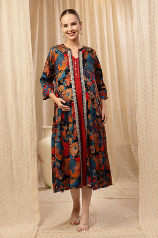 Stylish Deep Red Maternity Wear - Laila – The Jewel-Tone Feeding Jacket Dress Set for New Moms