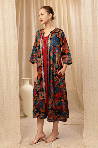 Woman wearing Laila – The Jewel-Tone Feeding Jacket Dress Set in Deep Red - Pre & Post Pregnancy