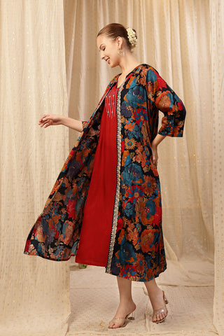 Elegant Deep Red Look of Laila – The Jewel-Tone Feeding Jacket Dress Set - Perfect for Any Occasion