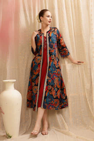 Laila – The Jewel-Tone Feeding Jacket Dress Set Front View - Deep Red Soft Maternity Dress with Feeding Zips & Pockets